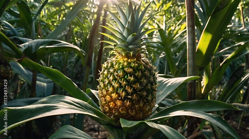 A single ripe pineapple growing in a tropical jungle with sunlight shining through the leaves. A single ripe pineapple growing in a tropical jungle with sunlight shining through the leaves.