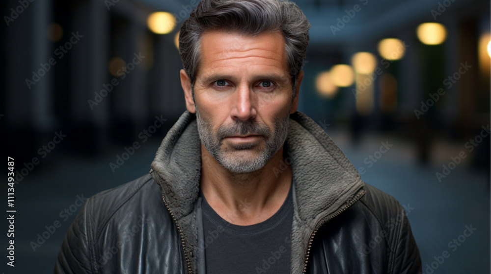 Man in his 40s, average physique, dark eyes, and a relaxed outfit in a t-shirt and jacket. Man in his 40s, average physique, dark eyes, and a relaxed outfit in a t-shirt and jacket.