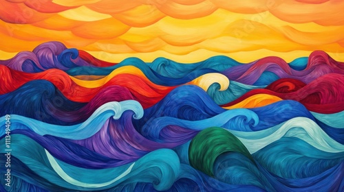 Vibrant, colorful ocean waves at sunset; abstract seascape painting.