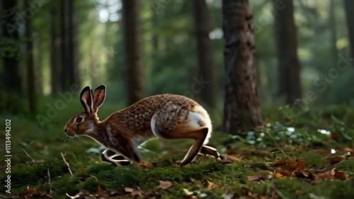 Animation of Wild Hares. Hares swiftly racing through the forest, their quick movements blending with the surroundings. Energetic motion. photo