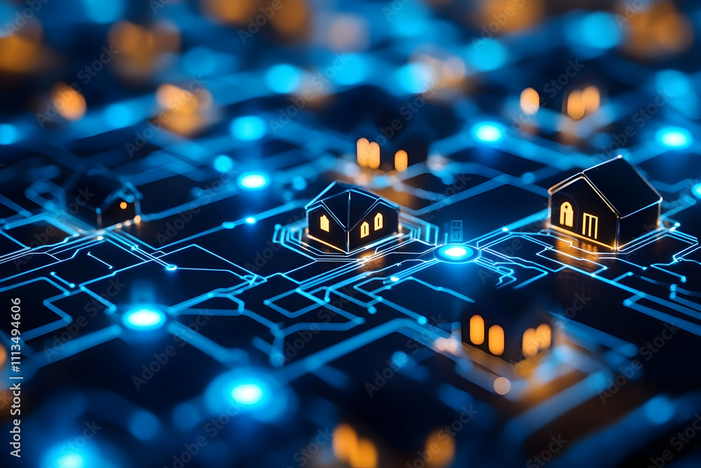 Obraz premium A digital representation of smart homes interconnected through a network.