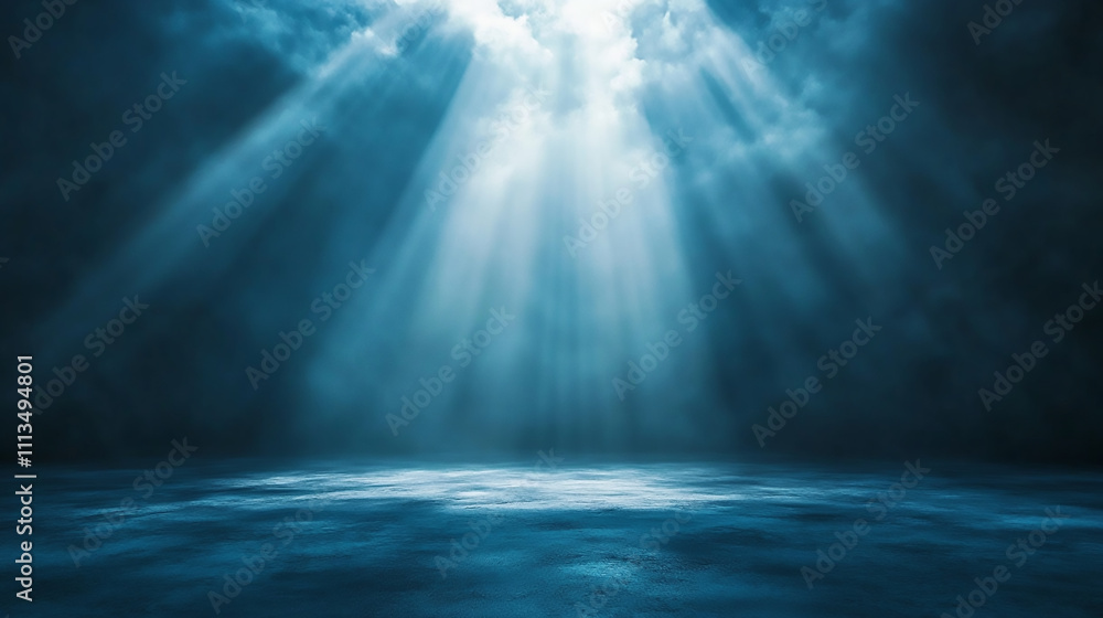 Fototapeta premium Dimly lit stage background, a bright spotlight, white text fading spotlight on stage, spotlight, stage lighting, empty stage, background with rays, abstract light background