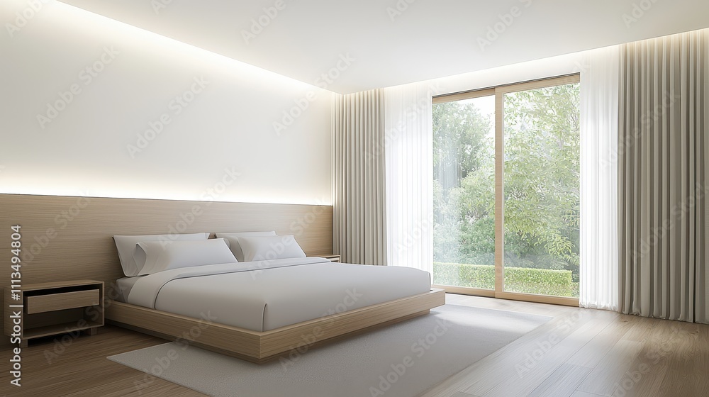 Fototapeta premium Modern minimalist bedroom interior featuring natural lighting and large windows with a serene view, highlighting simplicity and tranquility in a contemporary design
