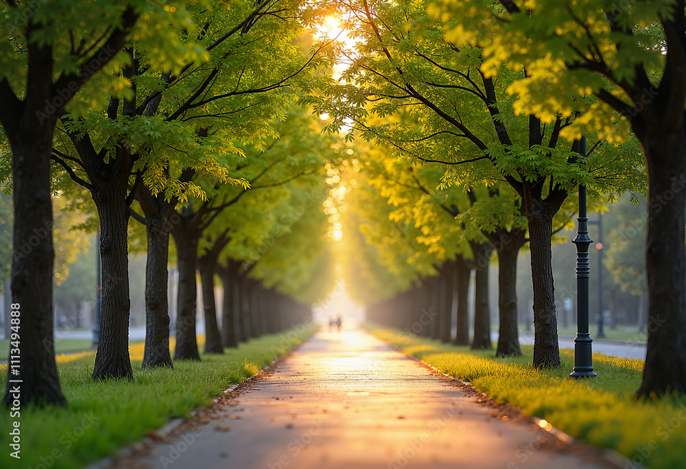 Obraz premium Row of Trees with Fresh Green Leaves Along a Path in a Park