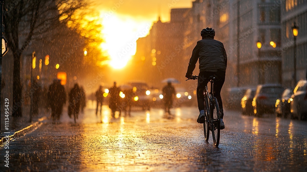 Cyclist riding through city street during sunset rain. Cyclist riding through city street during sunset rain.