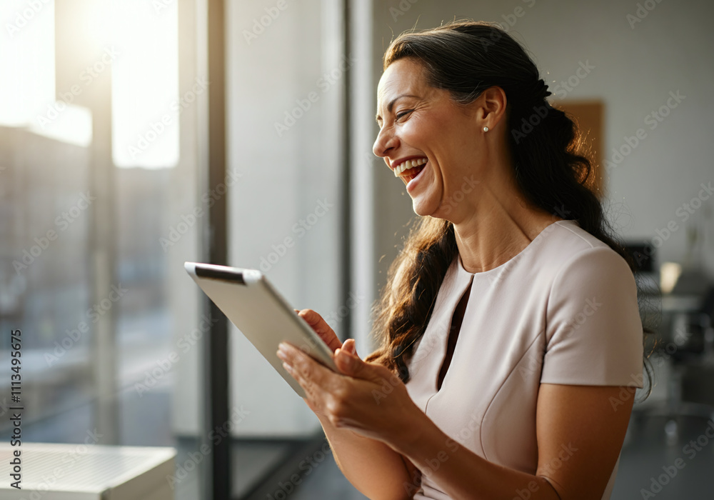 A happy, mature 35-year-old businesswoman using a tablet for communication, networking, and client feedback in an office. Representing a corporate lawyer or advocate utilizing technology in a law firm A happy, mature 35-year-old businesswoman using a tablet for communication, networking, and client feedback in an office. Representing a corporate lawyer or advocate utilizing technology in a law firm
