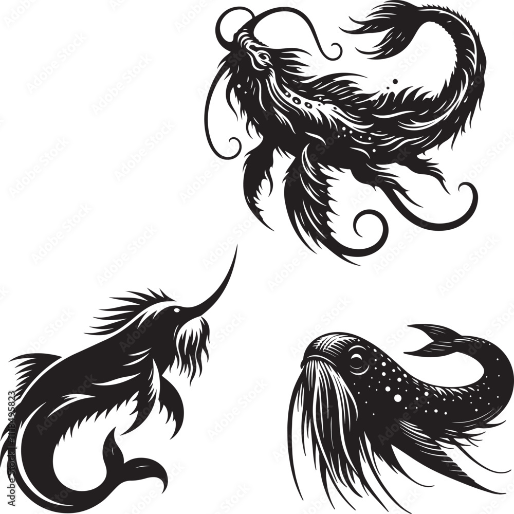 Sea monsters black and white silhouette in a vector farm Sea monsters black and white silhouette in a vector farm