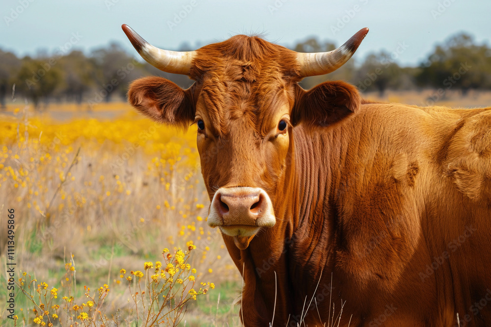 Bos taurus retinta cow grazing peacefully in a vibrant flower filled field on a sunny day Bos taurus retinta cow grazing peacefully in a vibrant flower filled field on a sunny day