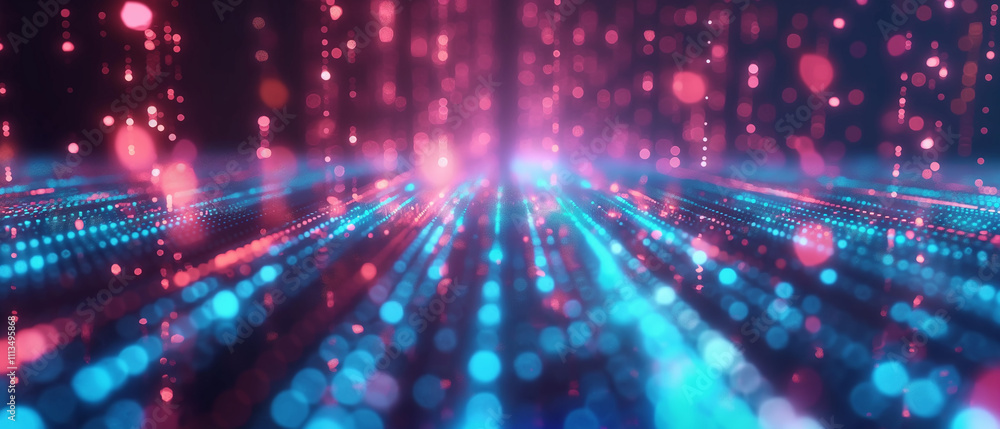 Vibrant pink and blue bokeh lights stream across a dark background. Vibrant pink and blue bokeh lights stream across a dark background.