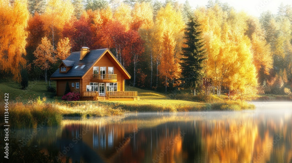 Autumn Log Cabin Lakeside Fall Foliage Autumn Log Cabin Lakeside Fall Foliage