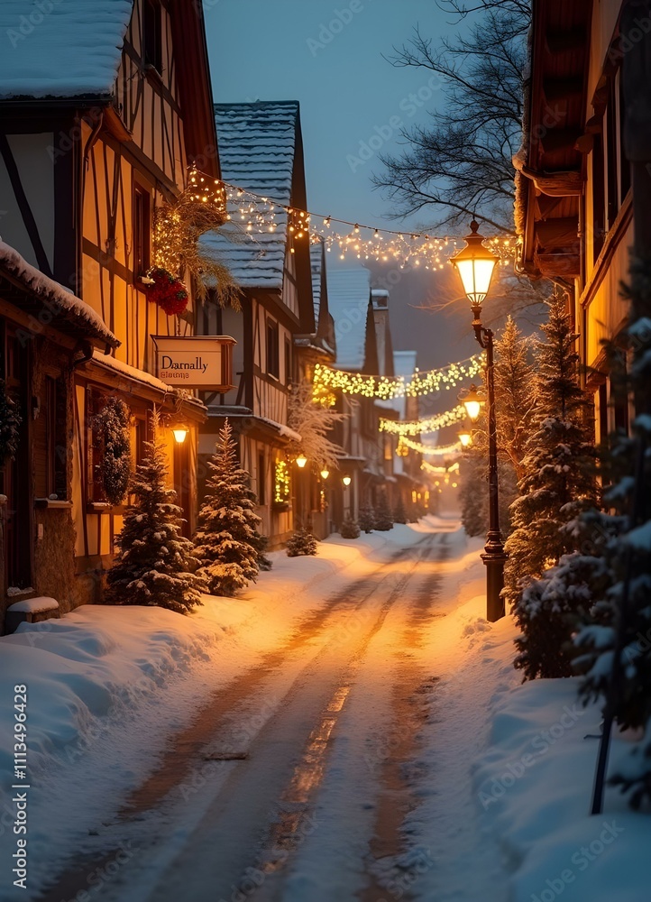 Christmas lights on a German street, snowing weather, no people, fir branches, poinsetiae Christmas lights on a German street, snowing weather, no people, fir branches, poinsetiae