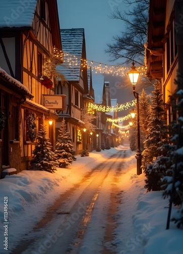 Christmas lights on a German street, snowing weather, no people, fir branches, poinsetiae