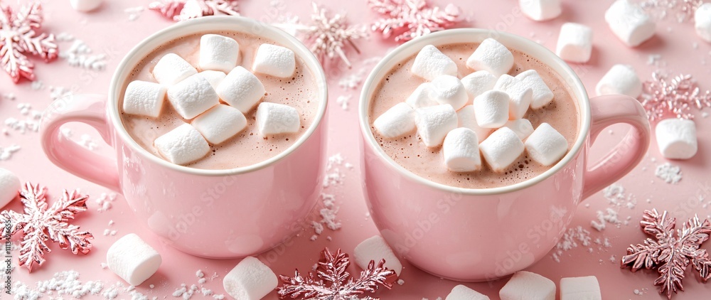 Christmas drink marshmallow snowman concept. Warm chocolate drinks in pink cups topped with marshmallows, surrounded by snowflakes on a pastel background. Christmas drink marshmallow snowman concept. Warm chocolate drinks in pink cups topped with marshmallows, surrounded by snowflakes on a pastel background.