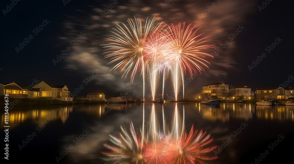 Fireworks Display Over Waterside Homes At Night Fireworks Display Over Waterside Homes At Night