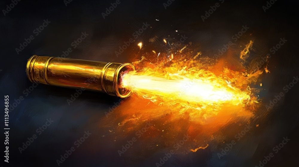 Dynamic Explosion of Flames Emanating from an Artistic Golden Tube Creating a Vivid and Powerful Visual Effect against a Dark Background