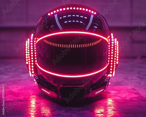 Glowing Futuristic Neon Speaker Helmet with Pulsing Soundbars Techno Inspired Concept photo