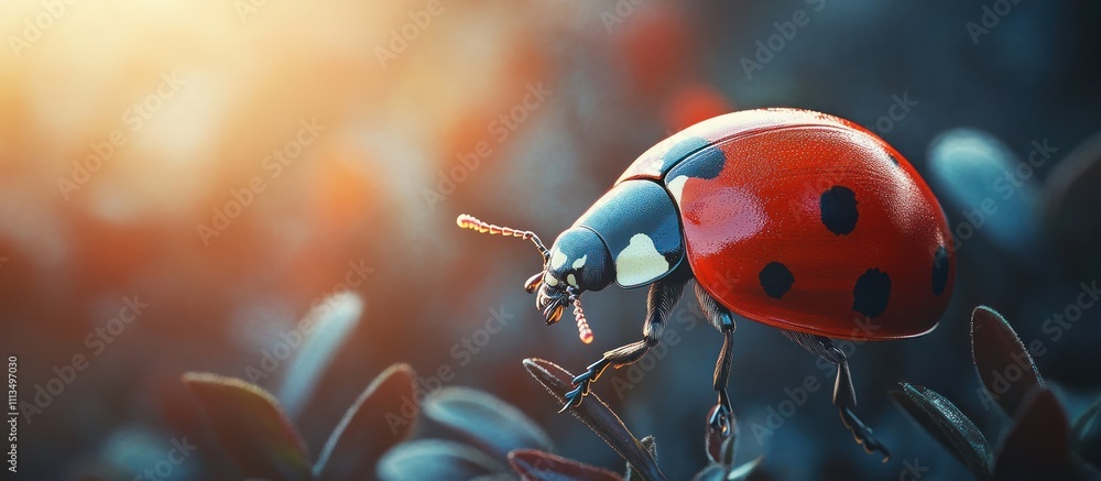 Naklejka premium A vibrant ladybug perched on a leaf, bathed in warm sunlight.
