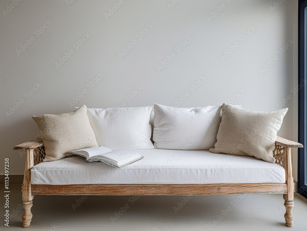 Cozy white sofa with decorative pillows in a minimalist living room setting Cozy white sofa with decorative pillows in a minimalist living room setting
