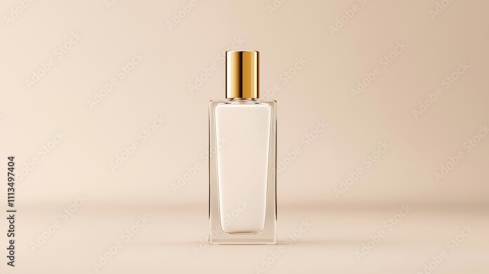 Elegant Clear Glass Perfume Bottle with Gold Cap Against Soft Cream Background Perfect for Cosmetic Product Photography and Branding