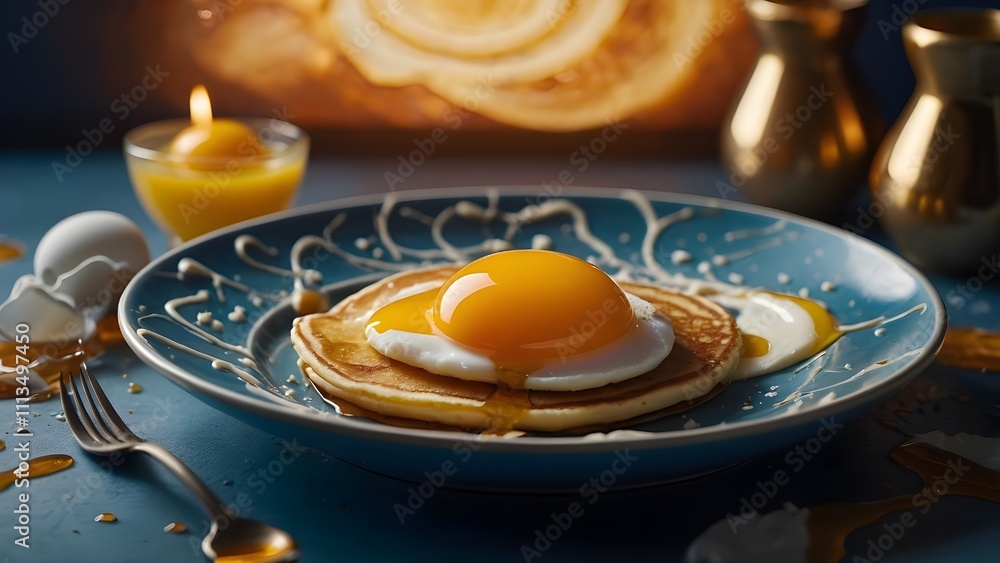 Delicious breakfast of sunny-side-up fried eggs served with toast on an elegant blue plate Delicious breakfast of sunny-side-up fried eggs served with toast on an elegant blue plate