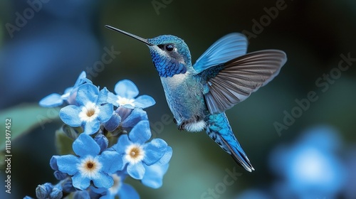 Vibrant hummingbird flies gracefully amongst blue flowers in nature's splendor