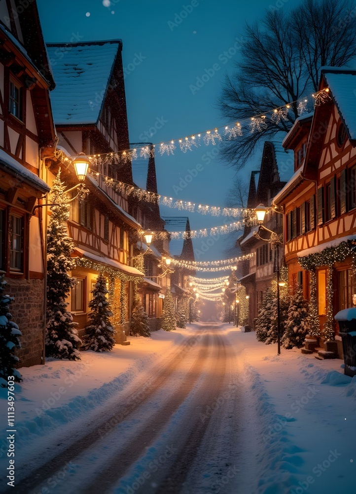 Christmas lights on a German street, snowing weather, no people, fir branches, poinsetiae Christmas lights on a German street, snowing weather, no people, fir branches, poinsetiae