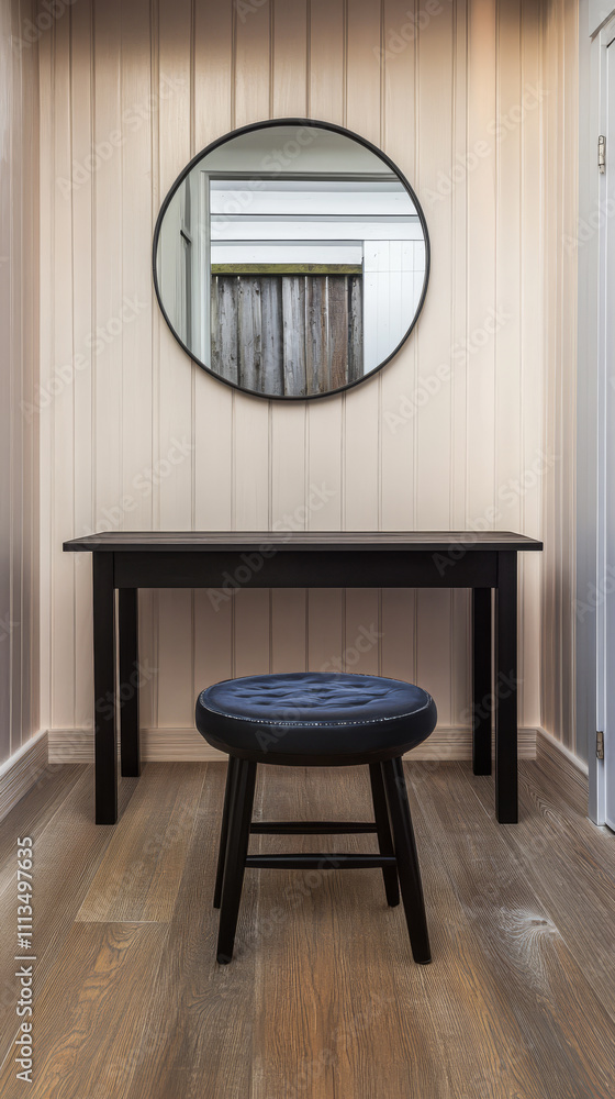 Fototapeta premium Minimalist design in a well-lit entryway featuring a mirror and a stool