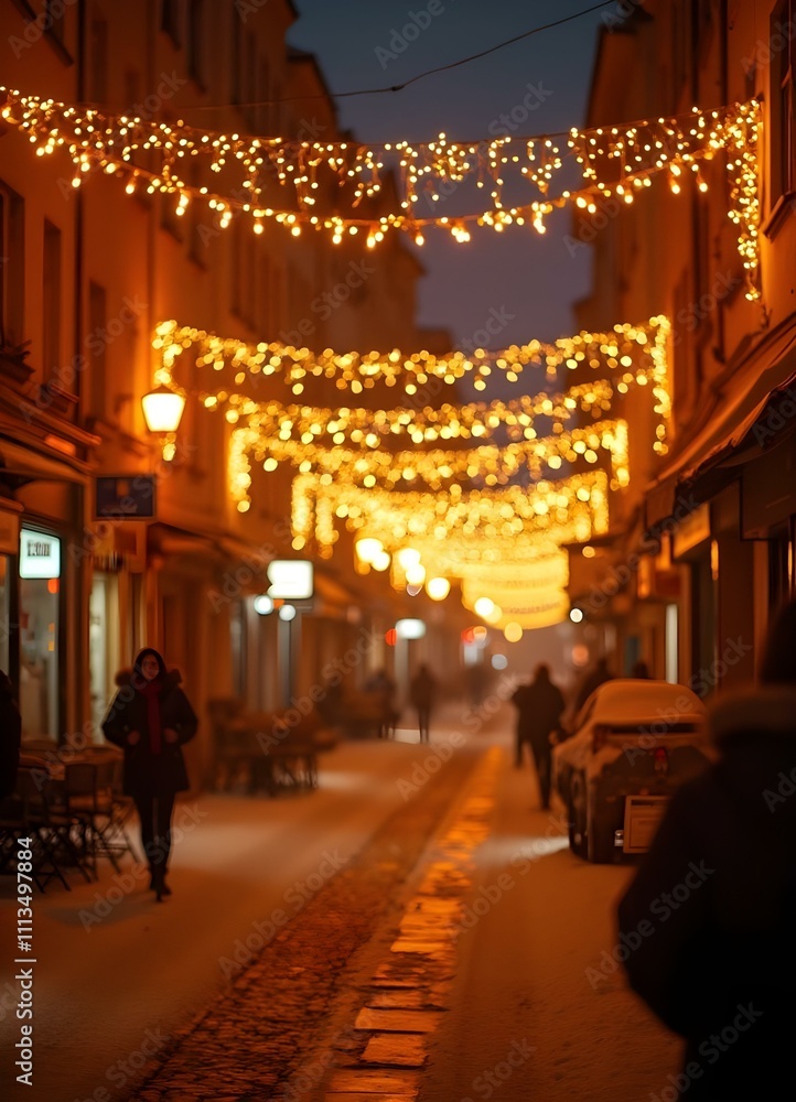 Obraz premium Christmas lights on a German street, snowing weather, no people, fir branches, poinsetiae