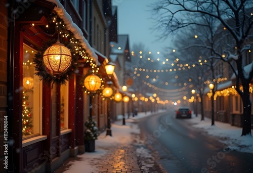 Christmas lights on a German street, snowing weather, no people, fir branches, poinsetiae