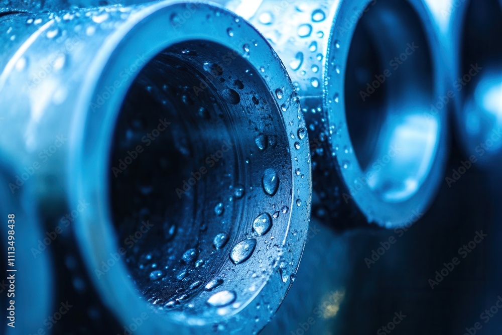 Close-up of wet, metallic pipes with water droplets. Close-up of wet, metallic pipes with water droplets.