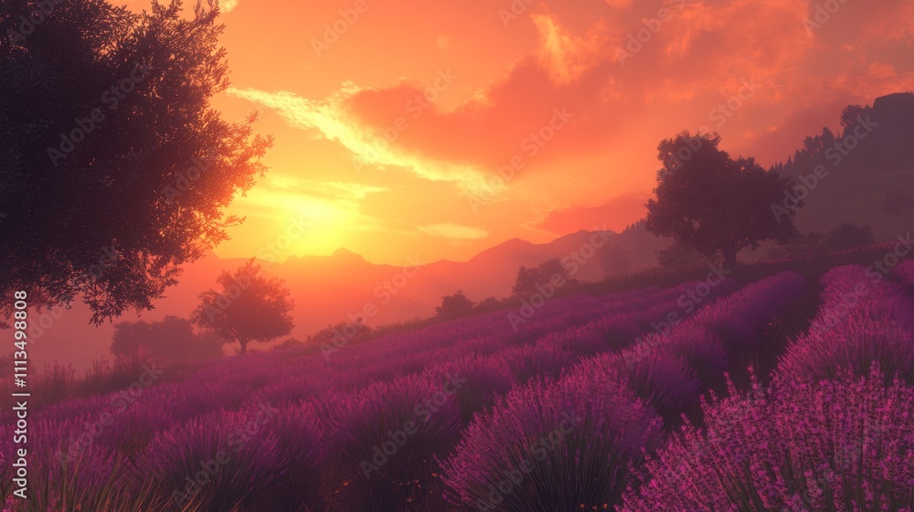 Fototapeta premium Sunset Over a Field of Lavender with Mountains and Trees