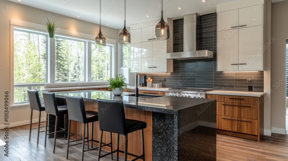 Fototapeta premium Modern Kitchen Island With Granite Countertops And Wood Cabinets