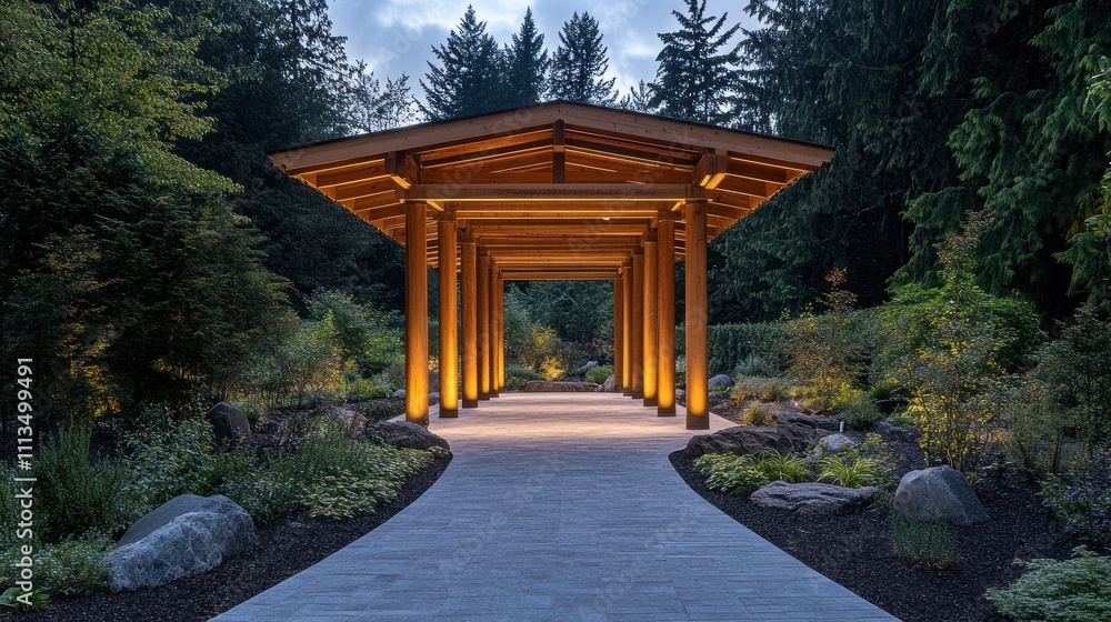 Obraz premium Illuminated Wooden Pathway Through a Serene Garden