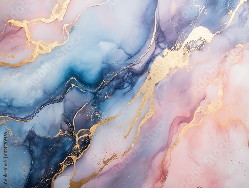 Abstract blue and gold fluid art design featuring flowing lines and shimmering accents creating a luxurious and elegant artistic composition for modern decor.