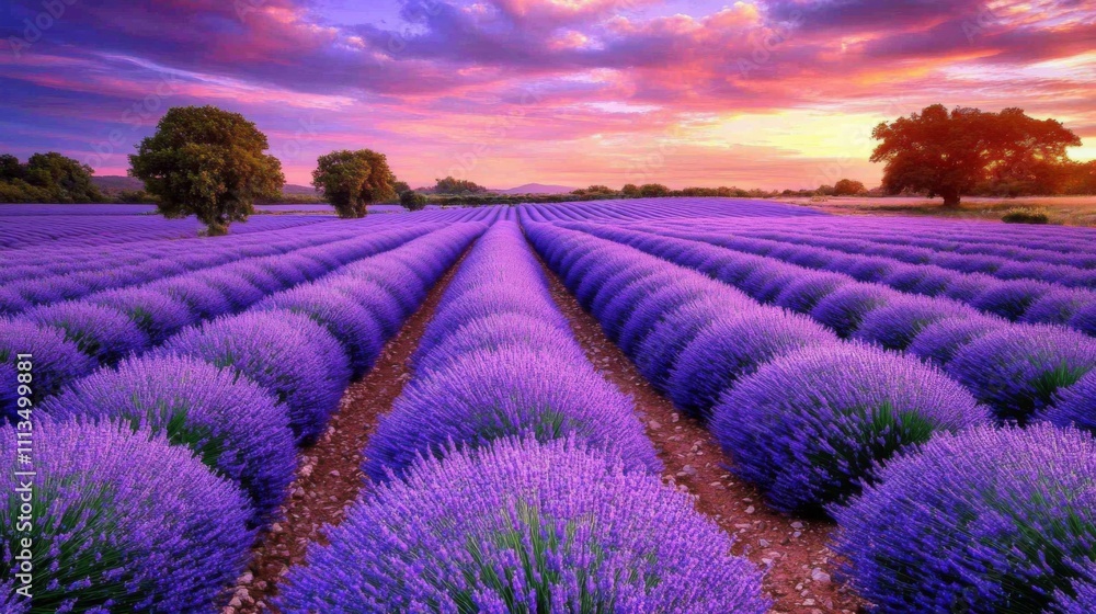 Fototapeta premium Lavender Fields at Sunset with a Vibrant Sky