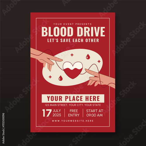 Blood drive flyer template with hands and heart illustration