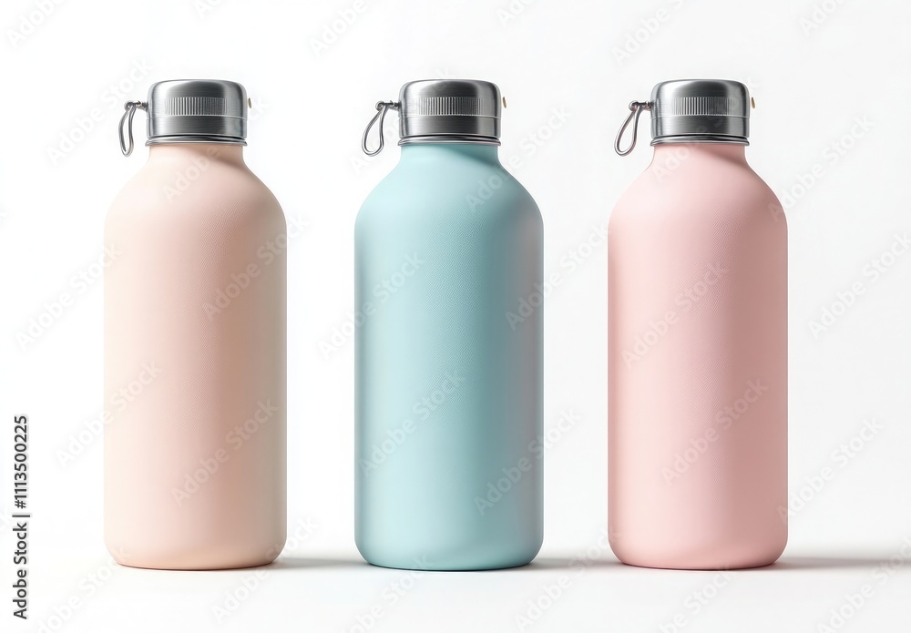 3 colored stainless steel water bottles isolated on a white background, in pastel colors, mockup design template