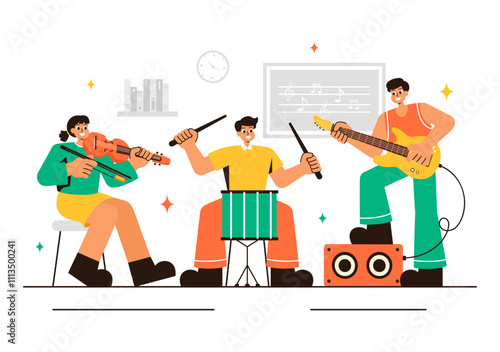 Music School Illustration Featuring Various Musical Instruments, Learning Music Education, and Performing as Musicians and Singers in a Background