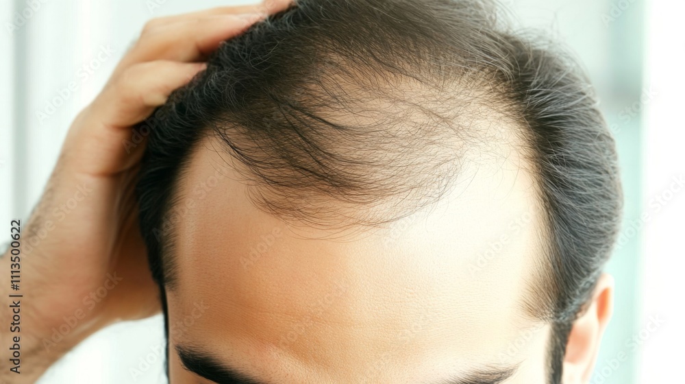 Fototapeta premium Person examining thinning hair in mirror, reflecting on aging and self-care. Embracing natural changes and prioritizing health and well-being.