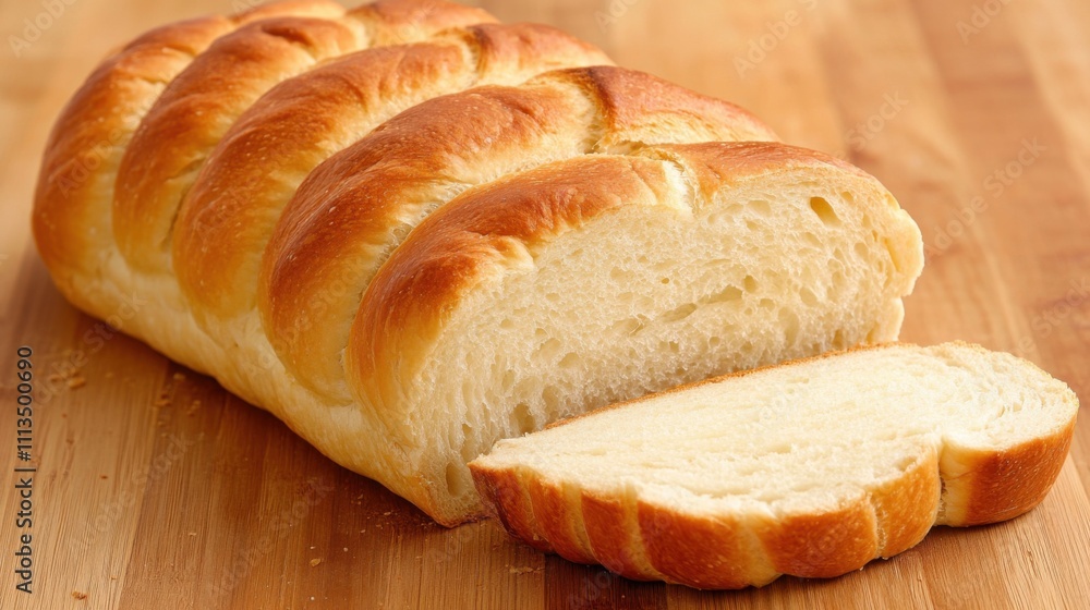 Freshly Baked Loaf of Soft Golden Bread with Perfectly Sliced Sections on a Wooden Cutting Board Ideal for Culinary and Food Photography Freshly Baked Loaf of Soft Golden Bread with Perfectly Sliced Sections on a Wooden Cutting Board Ideal for Culinary and Food Photography