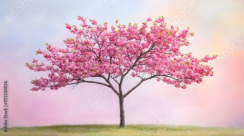 Blooming Cherry Blossom Tree in a Serene Landscape at Sunset Nature Photography Vibrant Colors Tranquil Atmosphere