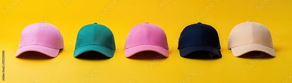 5 solid-color baseball caps on a yellow background: pink, blue, green, black, and dark navy 5 solid-color baseball caps on a yellow background: pink, blue, green, black, and dark navy