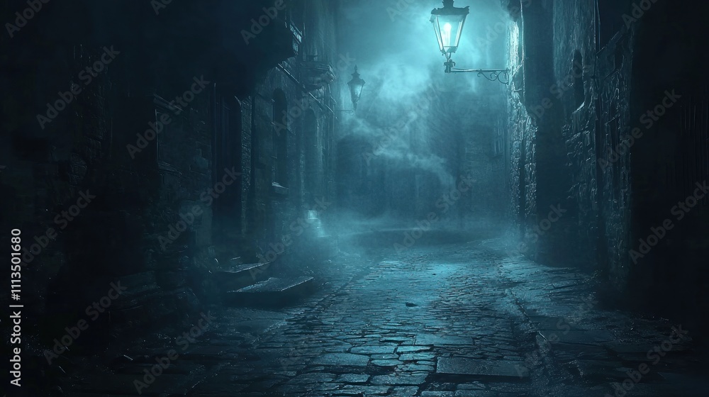 A gloomy alley with mist swirling around cobblestone ground, illuminated by a solitary streetlamp casting an eerie light on the empty path. A gloomy alley with mist swirling around cobblestone ground, illuminated by a solitary streetlamp casting an eerie light on the empty path.