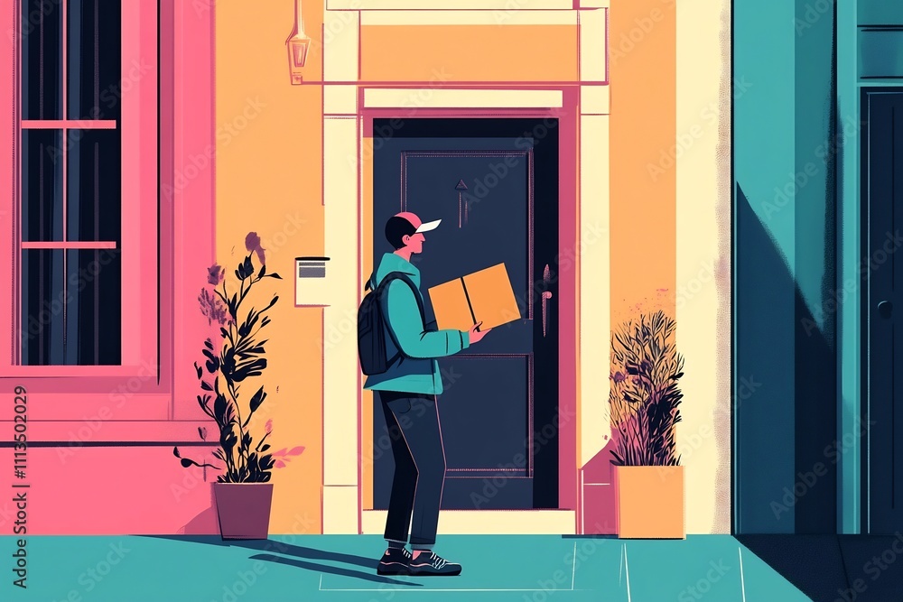 Fototapeta premium Flat Style Courier Delivering Package at Customer s Doorstep with Minimal Three Color Scheme