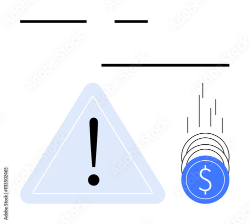 Exclamation mark inside a triangle and blue coins with dollar signs. Ideal for finance, investment, risk, banking, economic concerns, financial warnings, business. Line metaphor