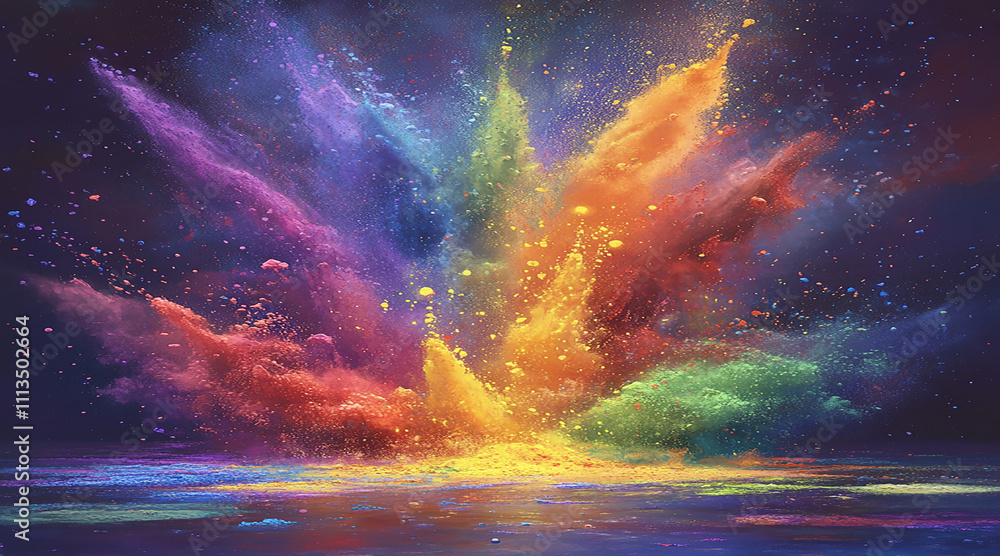 Abstract explosion of vibrant yellow, green, and blue powder on a dark background, creating cosmic energy Abstract explosion of vibrant yellow, green, and blue powder on a dark background, creating cosmic energy