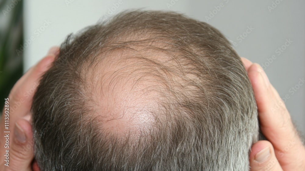 Obraz premium Person examining thinning hair in mirror, reflecting on aging and self-care. Embracing natural changes and prioritizing health and well-being.