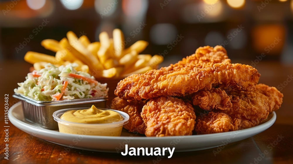 plate of crispy chicken tenders with fries and coleslaw for January promotion