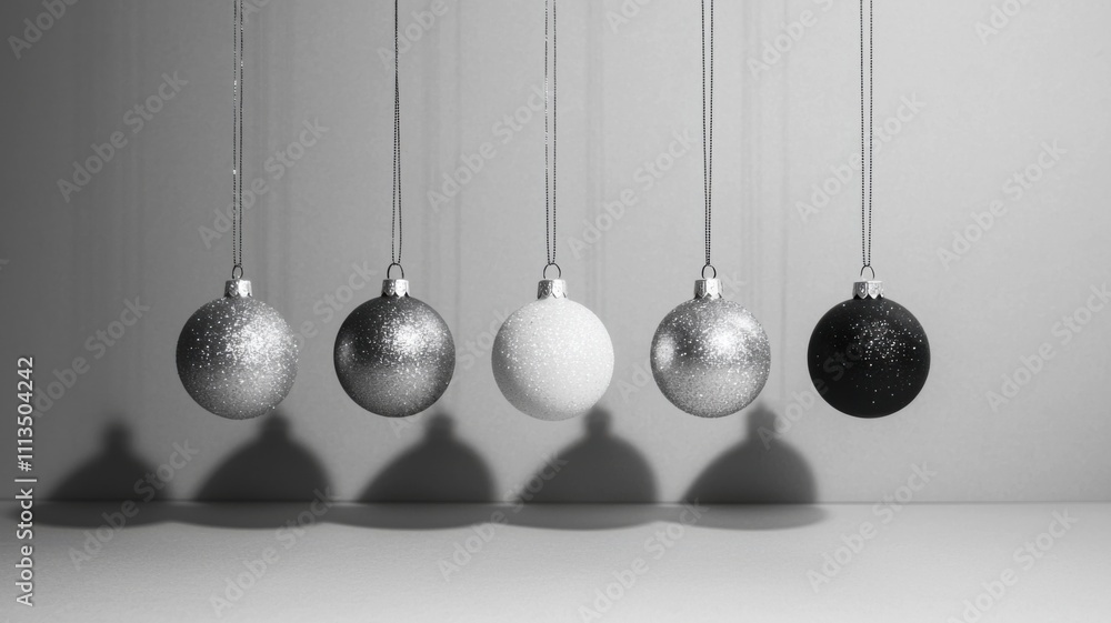 Elegant black and white holiday ornaments minimalist studio decoration modern aesthetic close-up festive vibes Elegant black and white holiday ornaments minimalist studio decoration modern aesthetic close-up festive vibes