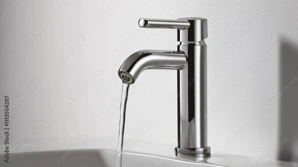 Modern faucet pouring water in minimalist bathroom interior design contemporary style close-up view home improvement concept Modern faucet pouring water in minimalist bathroom interior design contemporary style close-up view home improvement concept